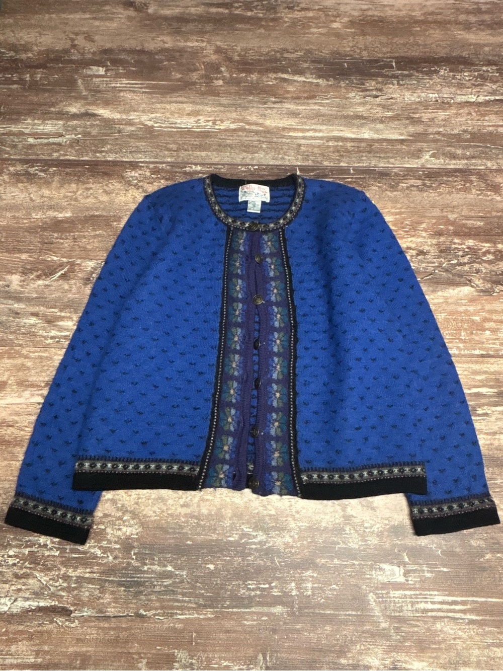 Tally Ho Blue Striped Wool Cardigan Decorative Buttons Grandma Cottagecore Large